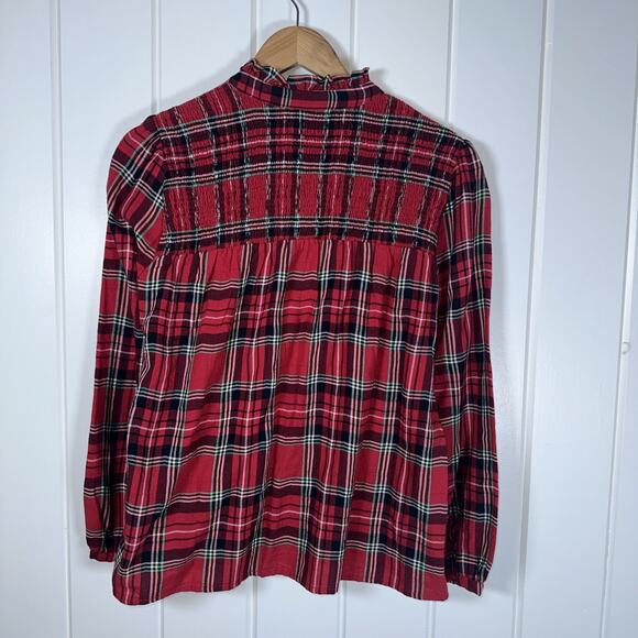 J Crew Blouse Womens Small Red Tartan Plaid Ruffle neck Cotton Flannel Pullover - Picture 3 of 8